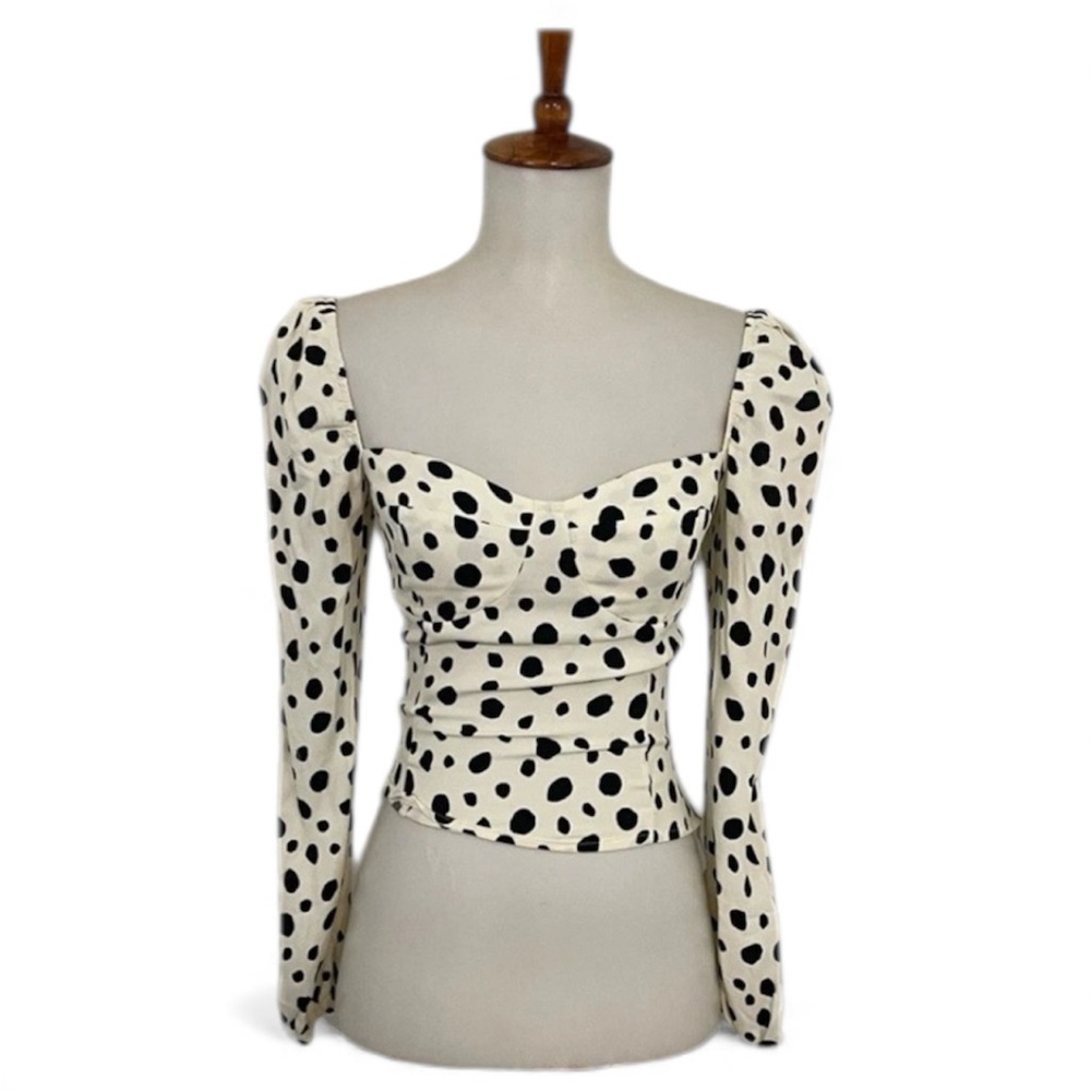 Reformation Reign Polka Dot Crop Top 0 Retro Long Sleeve Sweetheart Neck Smocked